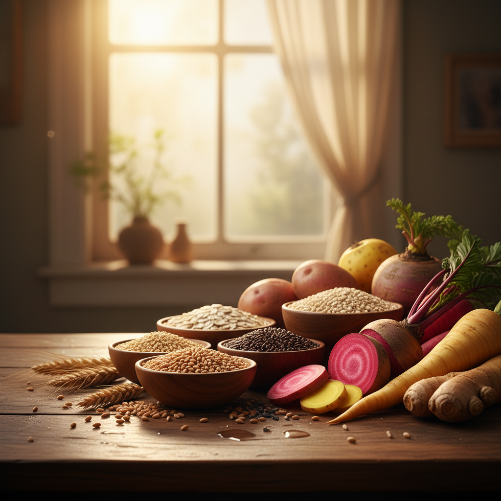 Verschiedene Getreidesorten und Wurzelgemüse in warmem Licht