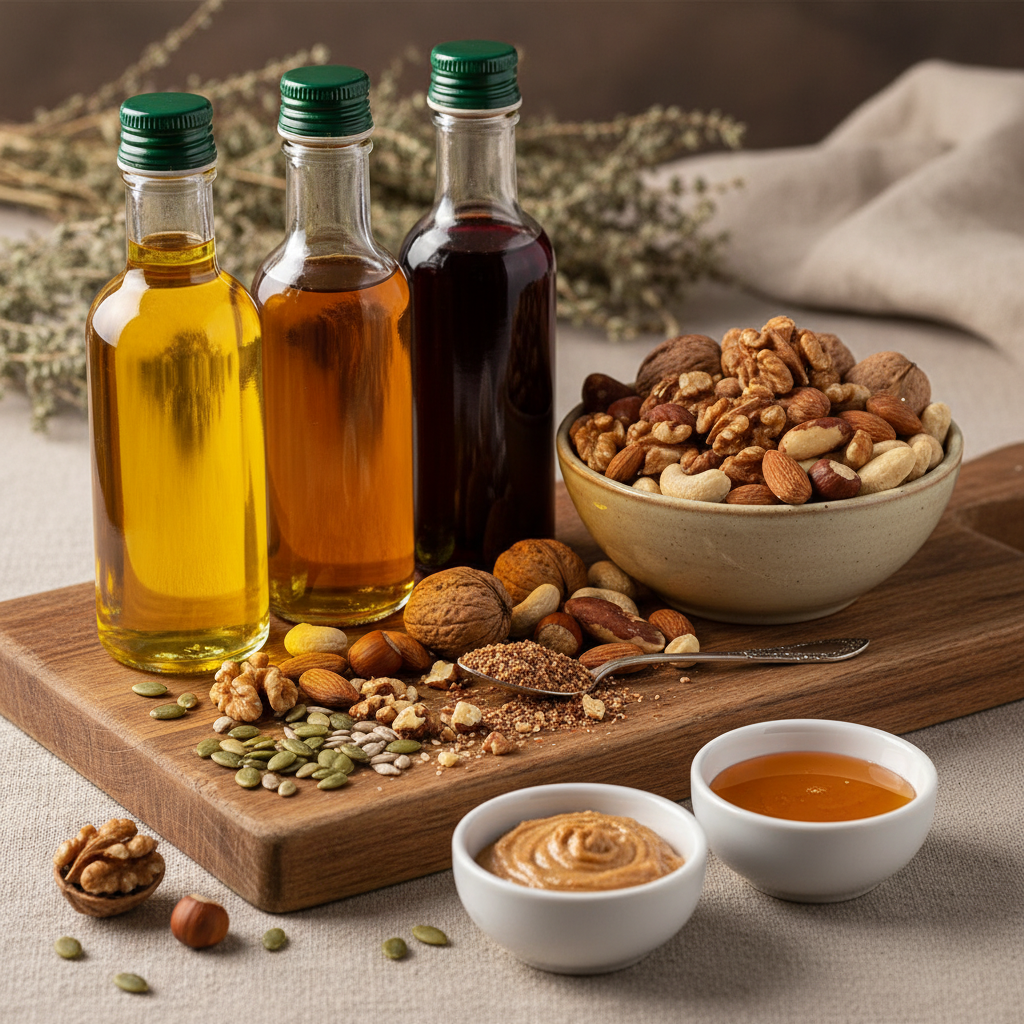 Hochwertige Öle und Nüsse in einer ästhetischen Anordnung