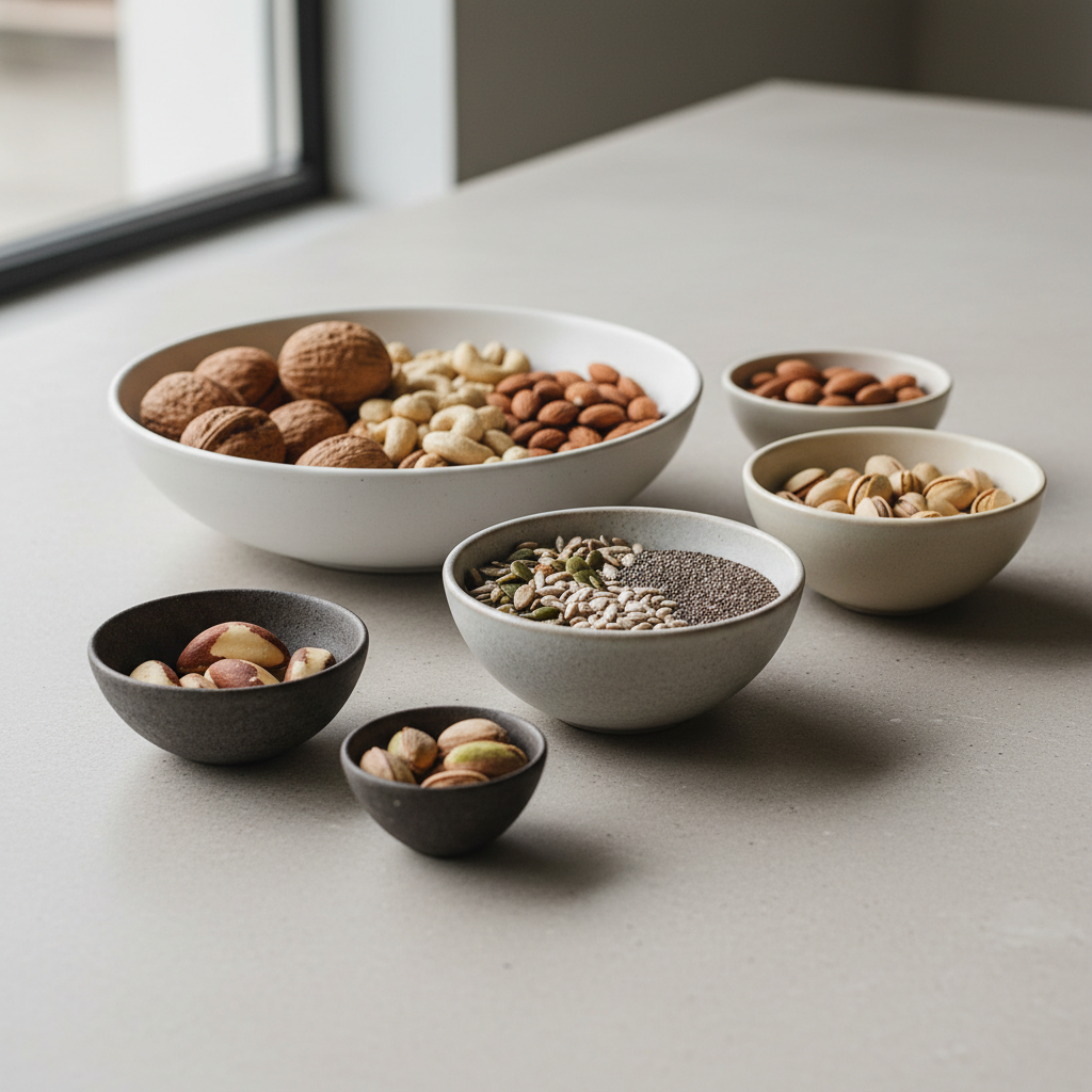 Nüsse und Samen in minimalistischen Schalen