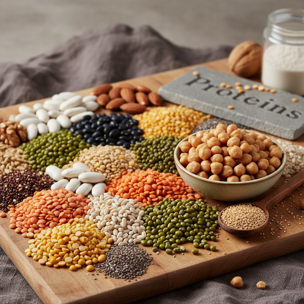 Nahaufnahme von proteinreichen Hülsenfrüchten und Getreide